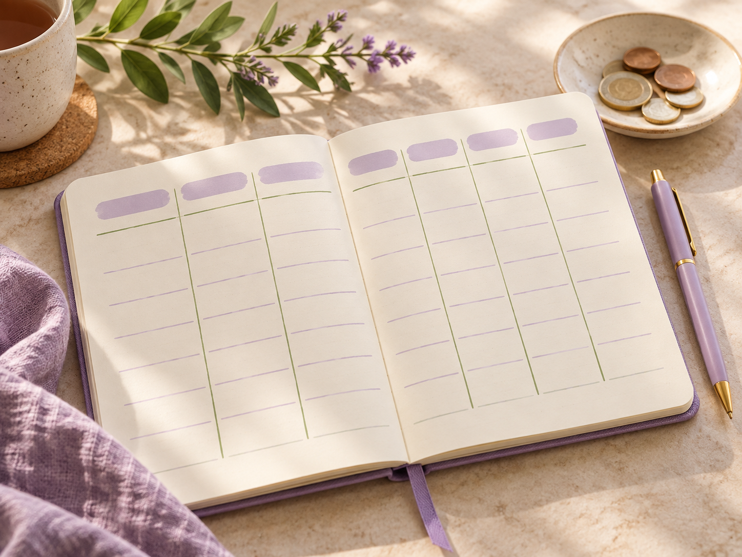Cuaderno abierto con columnas para registrar gastos, monedas y un bolígrafo lila